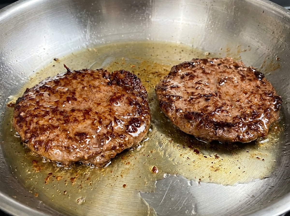 Dwa grube kotlety Wagyu smażące się na patelni, z widoczną mocno przypieczoną górną powierzchnią.