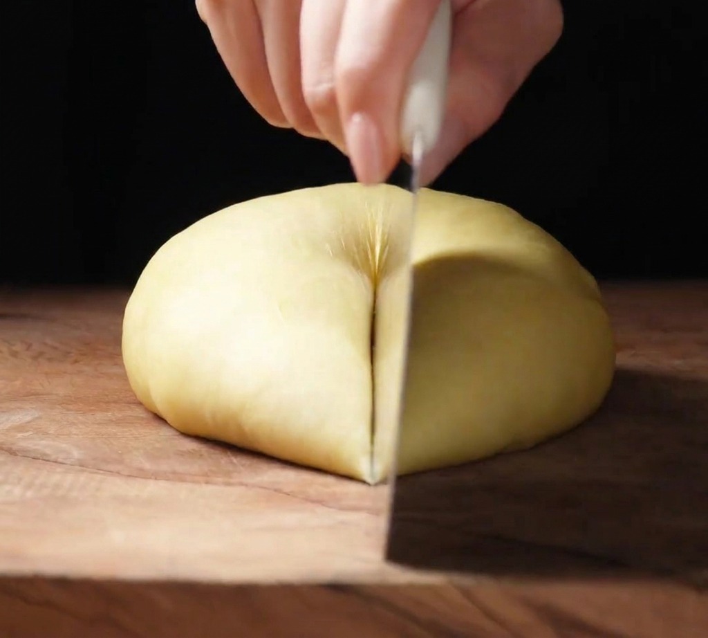 Nóż dzielący kulę ciasta brioche na równe części na drewnianym blacie.