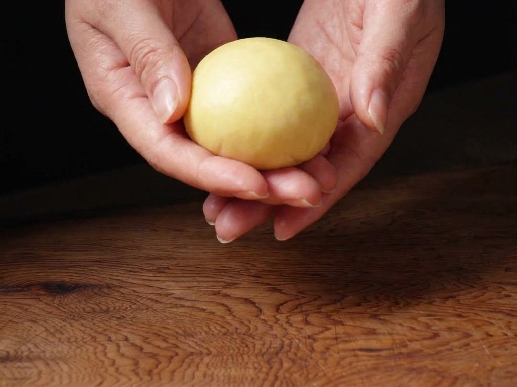 Dłonie precyzyjnie formujące małą, gładką kulkę żółtawego ciasta na blacie.