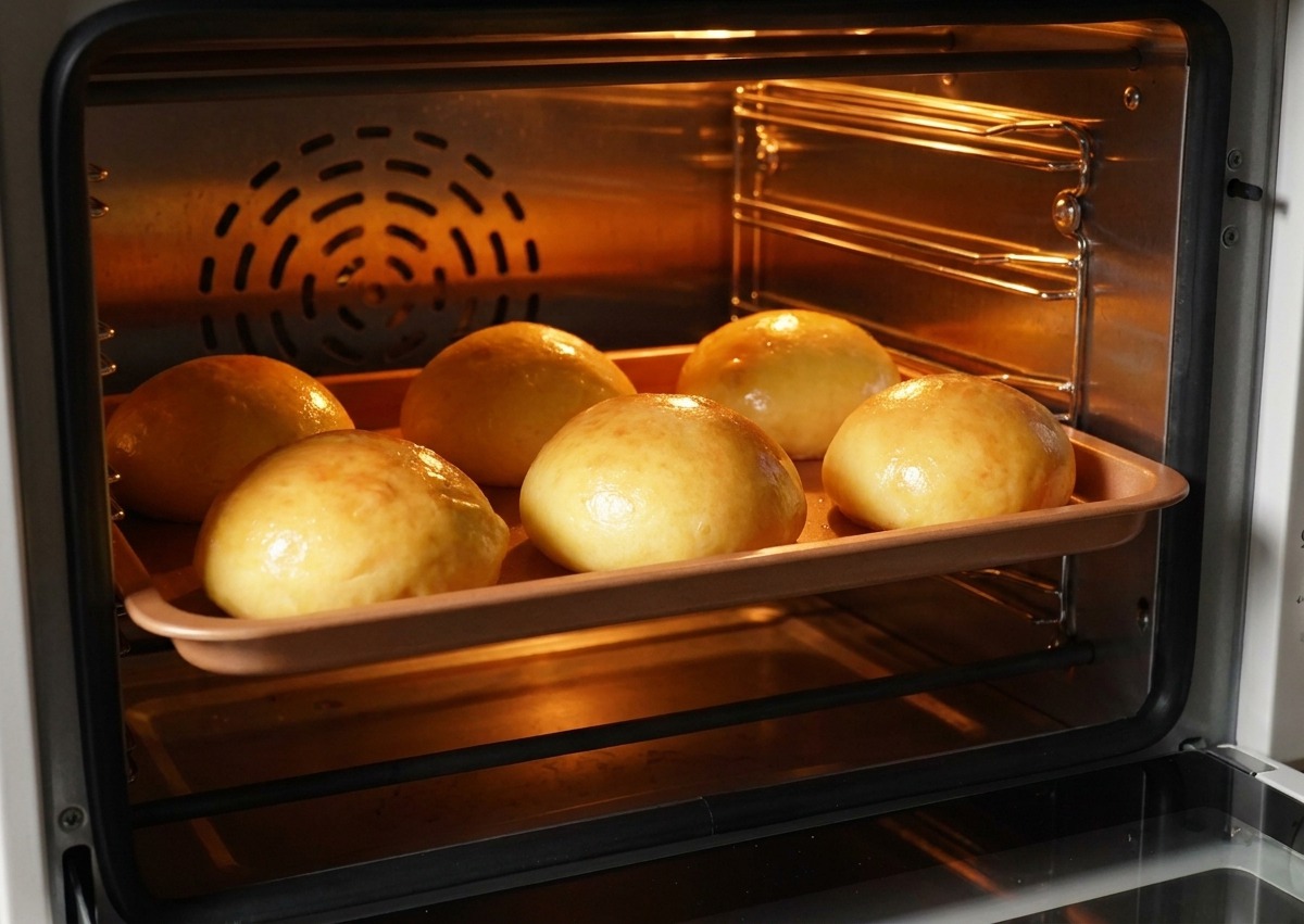 Złocistobrązowe bułki do burgerów piekące się w jasno oświetlonym piekarniku.