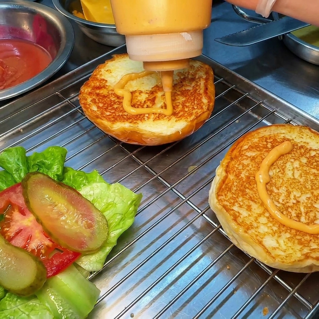 Pomarańczowy sos do burgerów wyciskany z butelki na połówki opieczonych bułek na kratce.