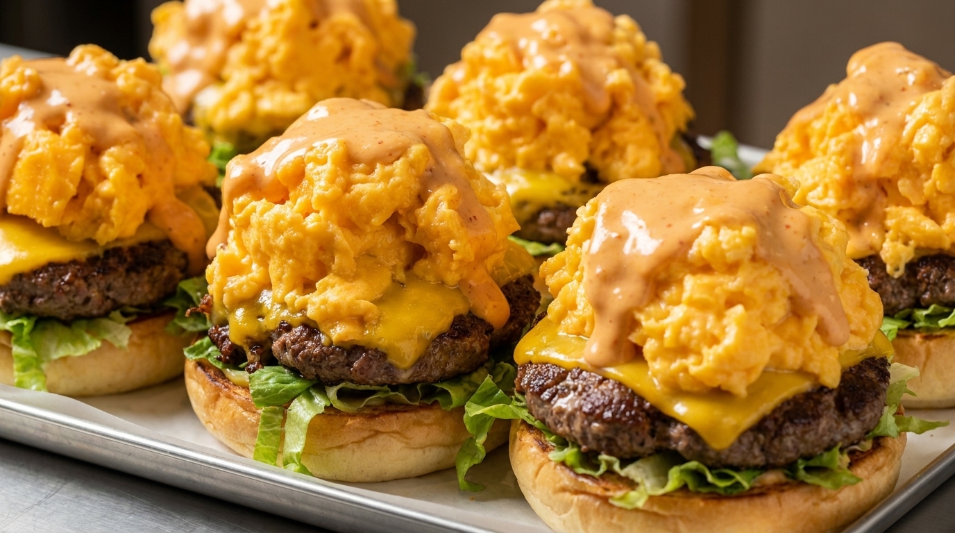 Burger z puszystą jajecznicą, serem i soczystą wołowiną