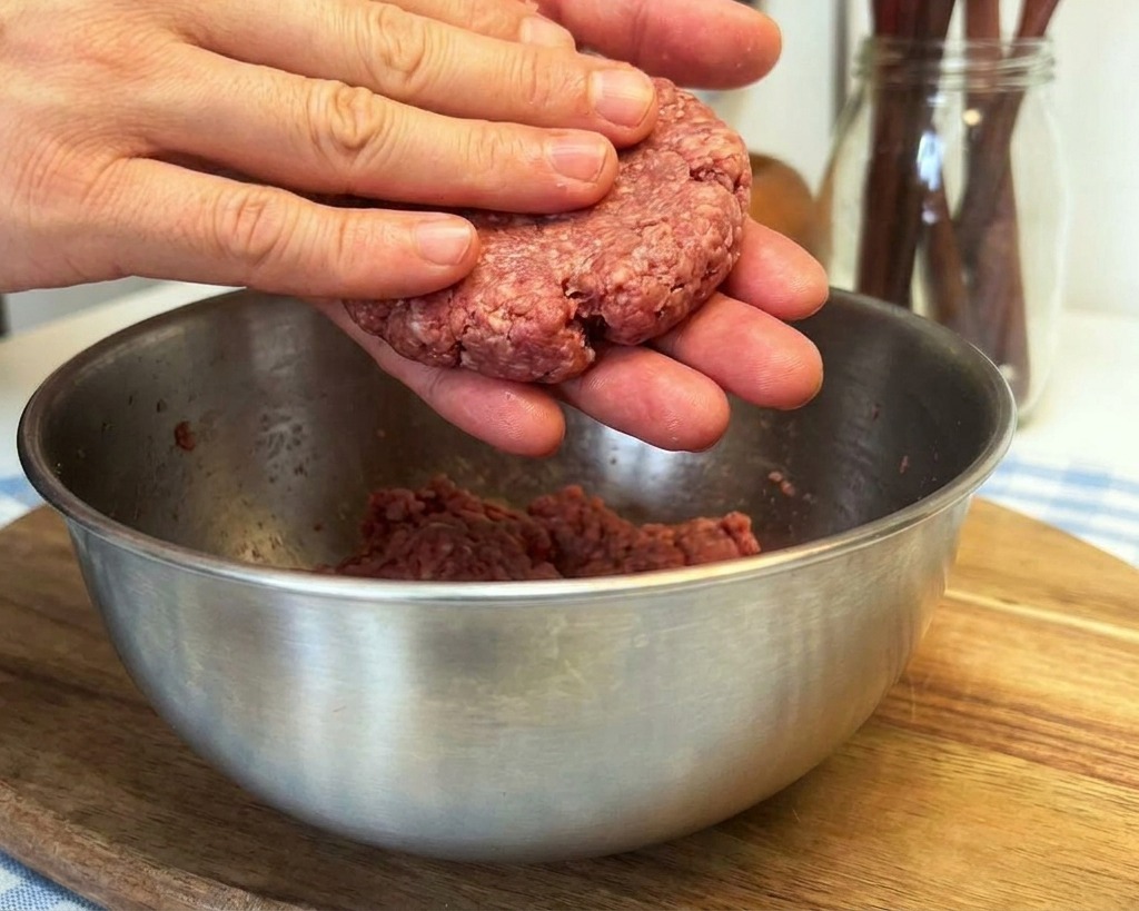 Zbliżenie na dłonie dociskające kulkę wołowiny w płaski, okrągły kotlet nad metalową miską.