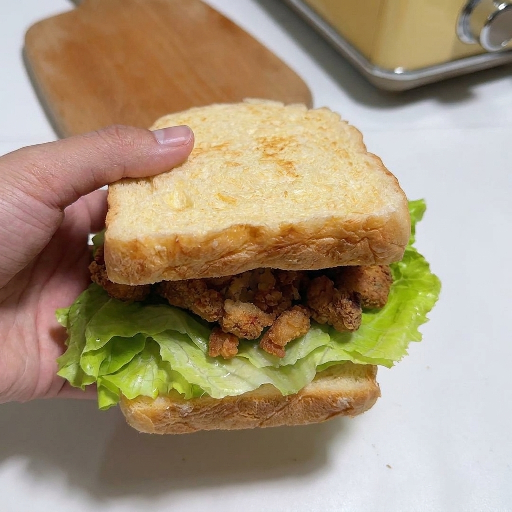 Ręka trzymająca grubą kanapkę śniadaniową, przykrywającą warstwy kurczaka, sera i kimchi ostatnią kromką grzanki.