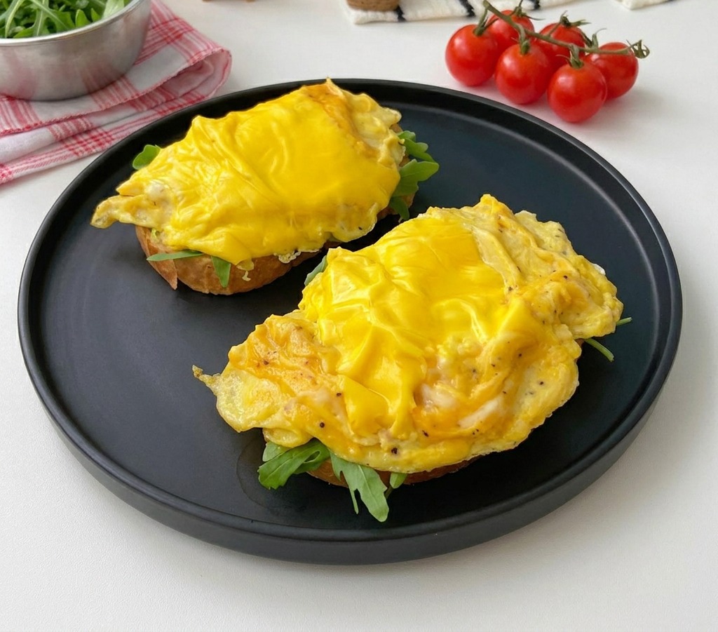 Dwie kromki tosta na matowym czarnym talerzu, zwieńczone świeżą rukolą i dużymi porcjami jajecznicy z roztopionym żółtym serem.