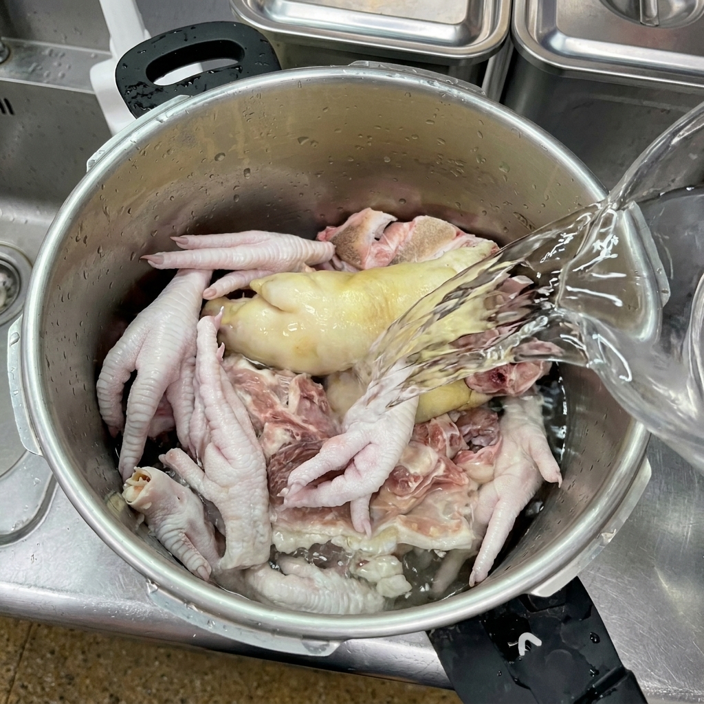 Woda nalewana z dzbanka do garnka z kośćmi wieprzowymi i łapkami kurzymi.
