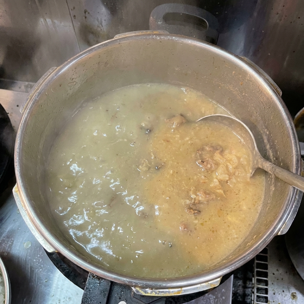 Gęsty, kremowy wywar tonkotsu intensywnie wrzący w dużym garnku, mieszany chochelką.