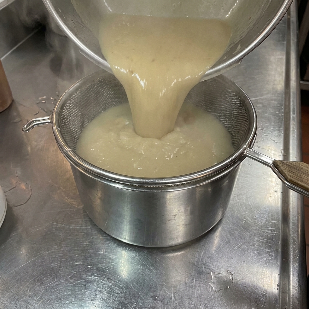 Mleczny wywar tonkotsu przelewany przez gęste sitko z dużego garnka do miski.