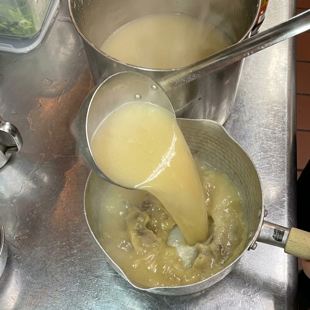 Gorący, mleczny wywar tonkotsu nalewany chochelką do miski z przyprawami.