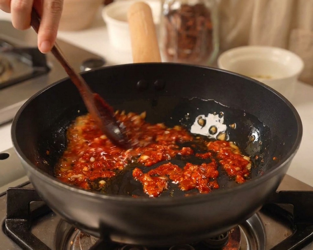 Dodawanie łyżki intensywnie czerwonej pasty gochujang do podsmażonego czosnku na patelni.
