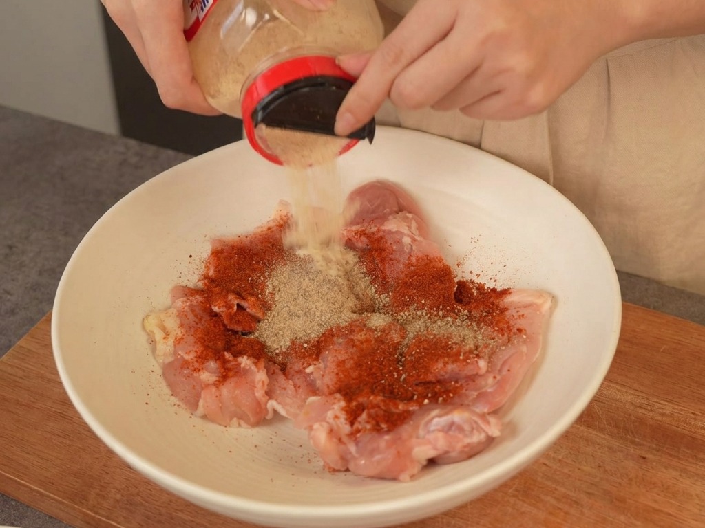 Posypywanie surowych udźców z kurczaka granulowanym czosnkiem i chili w białej misce.