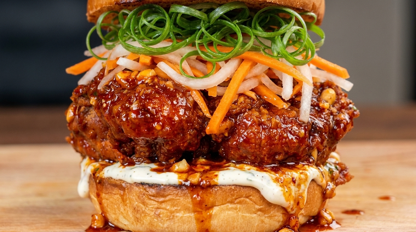 Koreański burger z pikantnym kurczakiem czosnkowym i chrupiącymi piklami