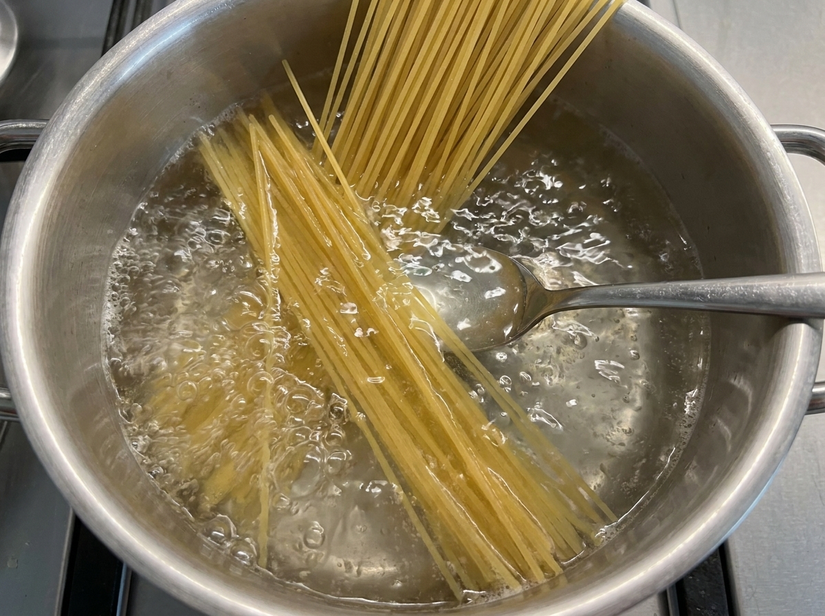 Długi suchy makaron spaghetti wkładany do garnka z wrzącą, bąbelkującą wodą przy pomocy metalowej łyżki.