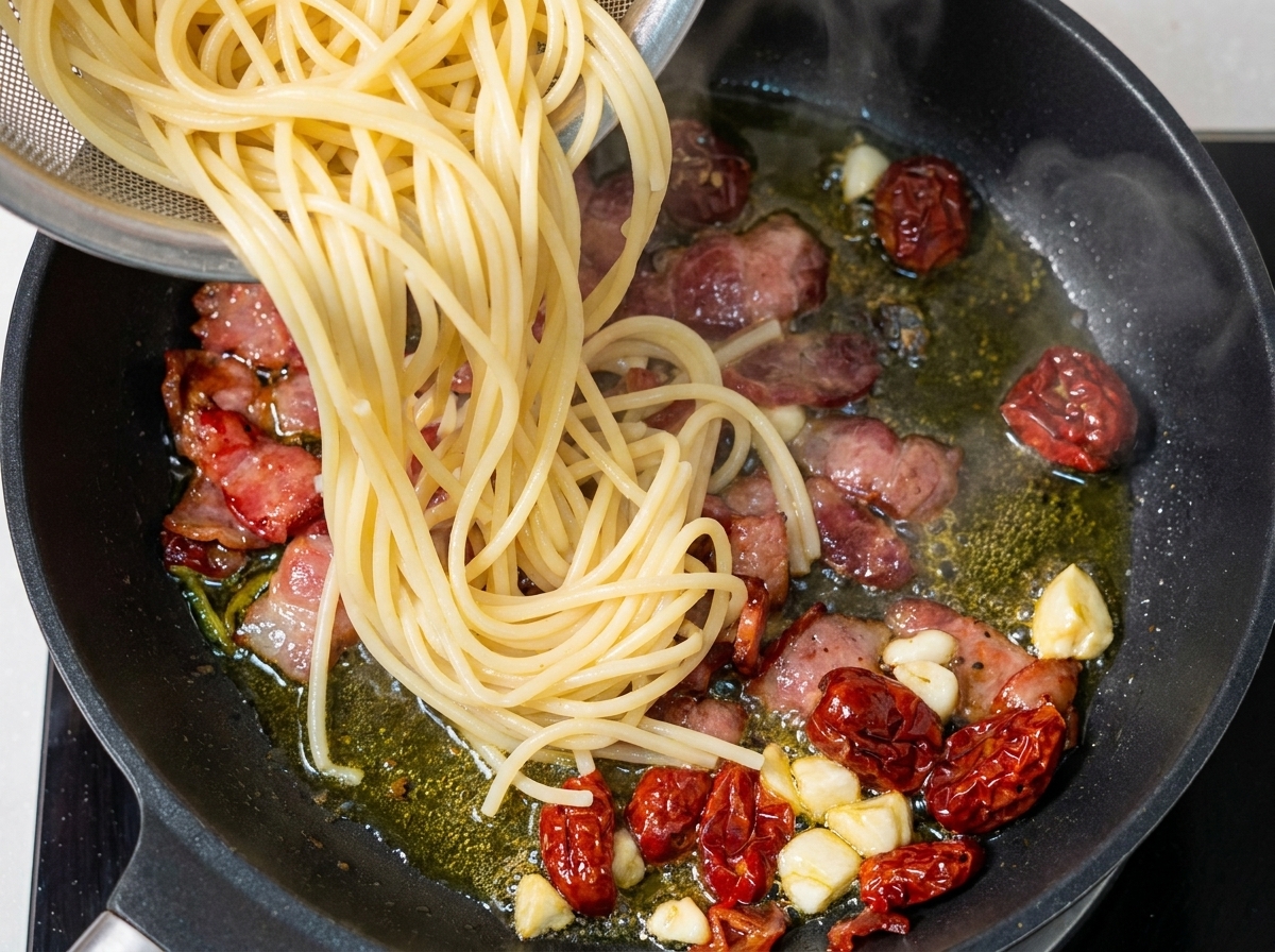 Ugotowany makaron spaghetti dodawany do patelni z boczkiem, pomidorami i czosnkiem.