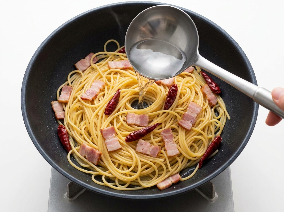 Chochla wody z gotowania makaronu wlewana na spaghetti na patelni.