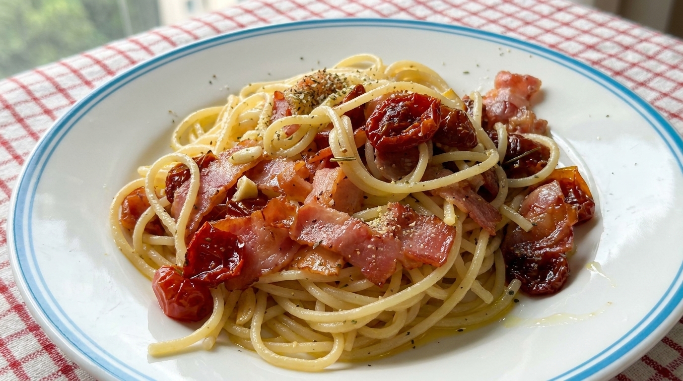 Spaghetti z suszonymi pomidorami i boczkiem