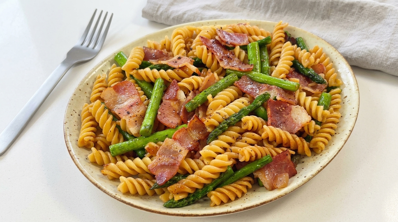 Talerz pełen makaronu fusilli z chrupiącym boczkiem i jasnymi, zielonymi szparagami.