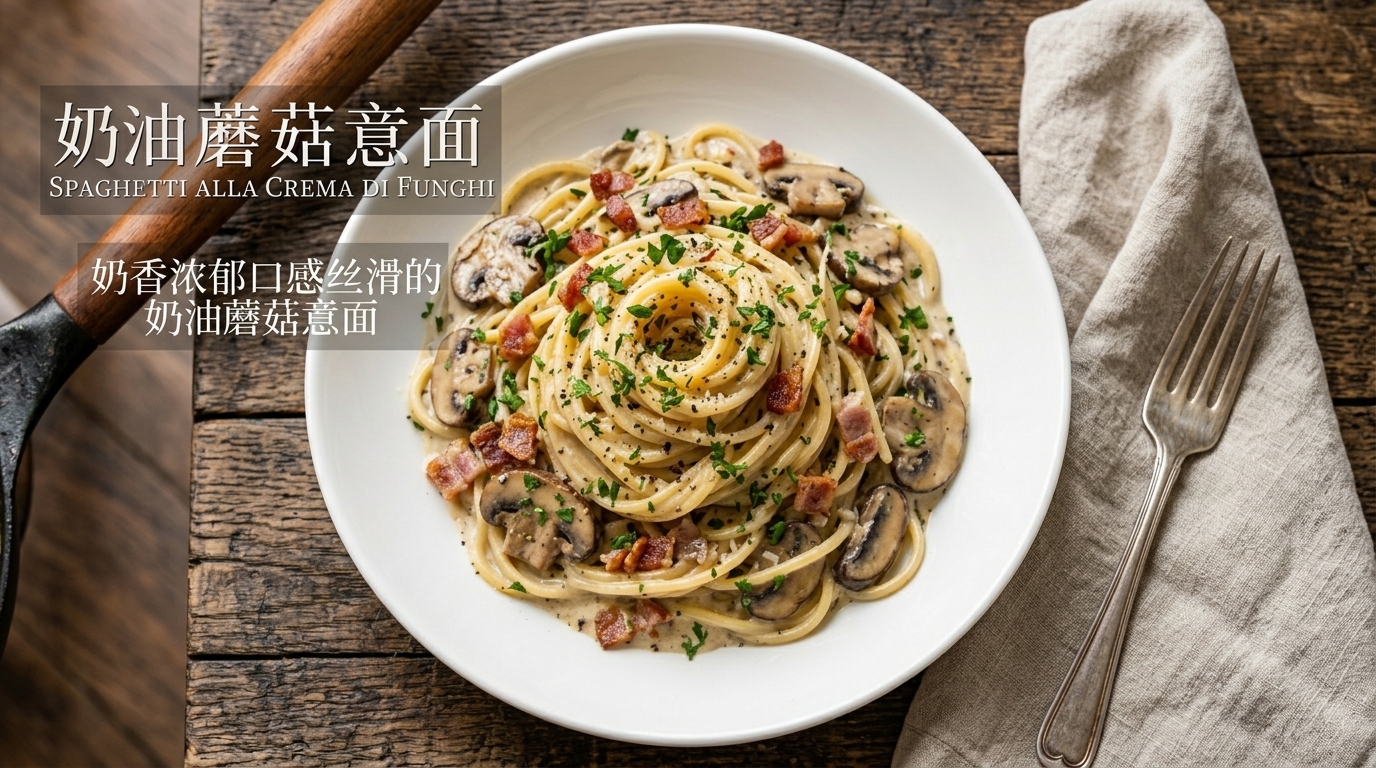 Miska kremowego spaghetti z grzybami, z widocznymi kawałkami boczku i świeżą natką pietruszki.