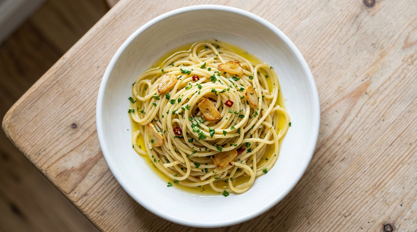 Talerz idealnie ugotowanego spaghetti Aglio e Olio, obtoczonego w lśniącym sosie z oliwy przesyconej czosnkiem i płatkami chili.