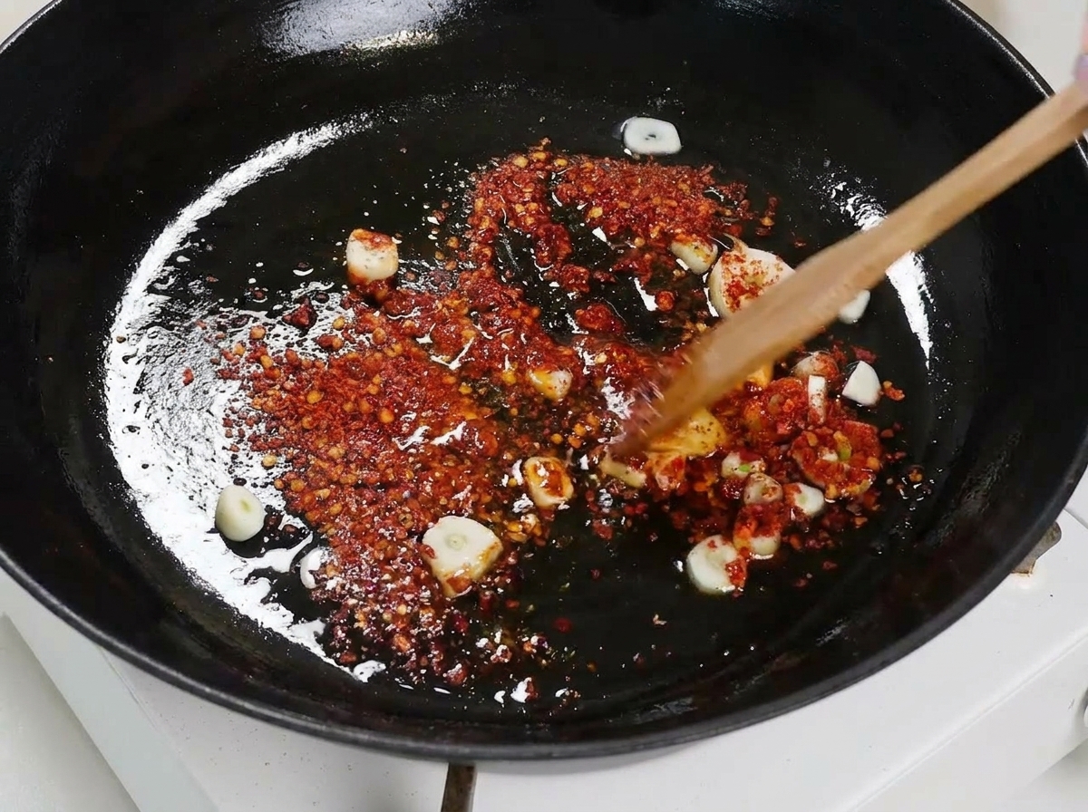 Garść suchego spaghetti ułożona płasko na patelni z czosnkiem i chili, dociskana drewnianym narzędziem.