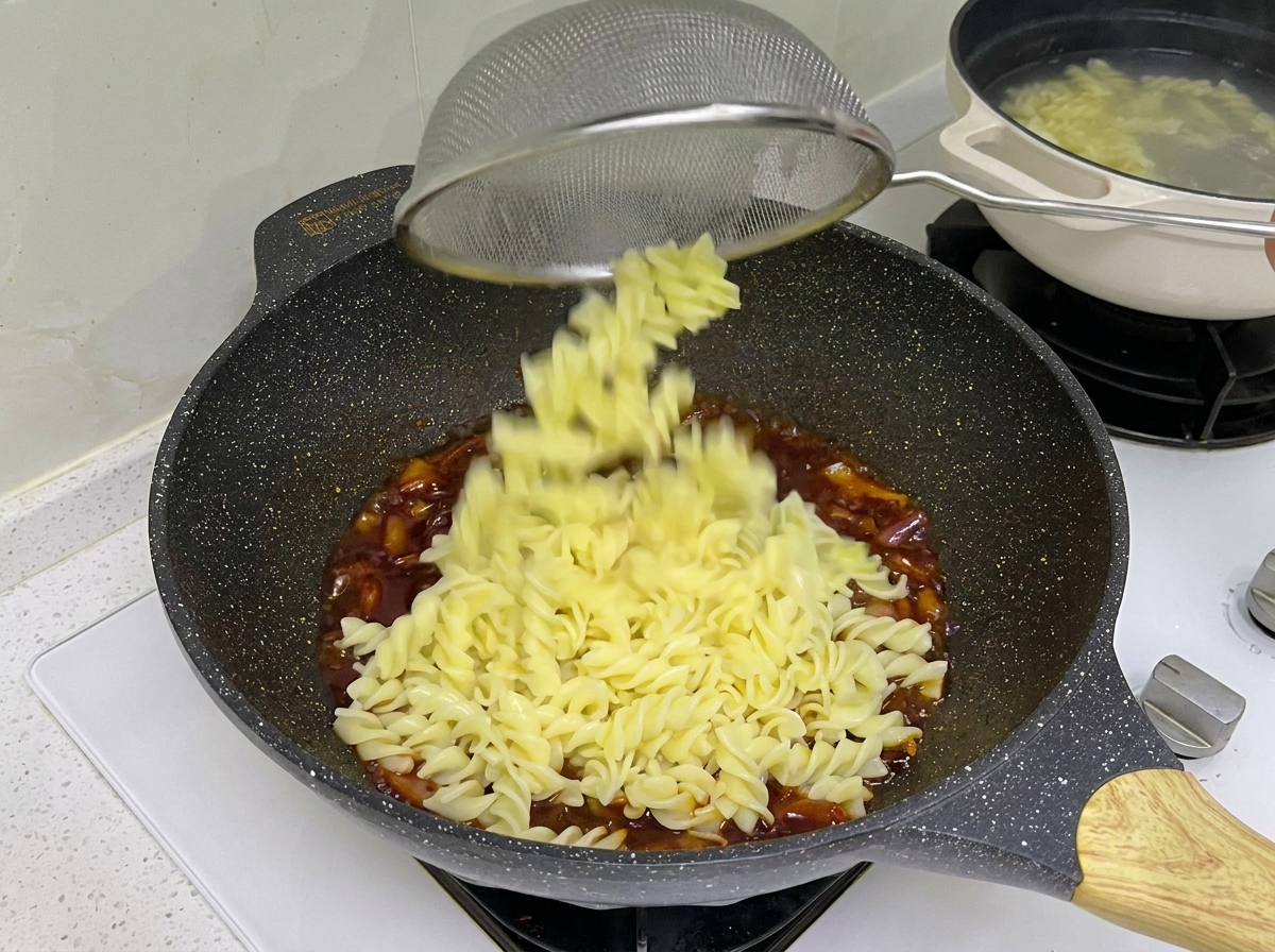 Ugotowany makaron rotini przekładany z garnka do woka za pomocą sitka.