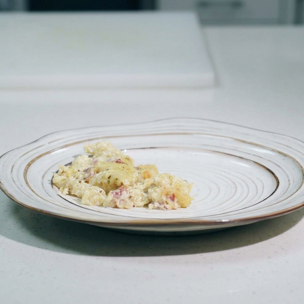 Makaron w naczyniu żaroodpornym pokryty równą i hojną warstwą startego sera, gotowy do pieczenia.