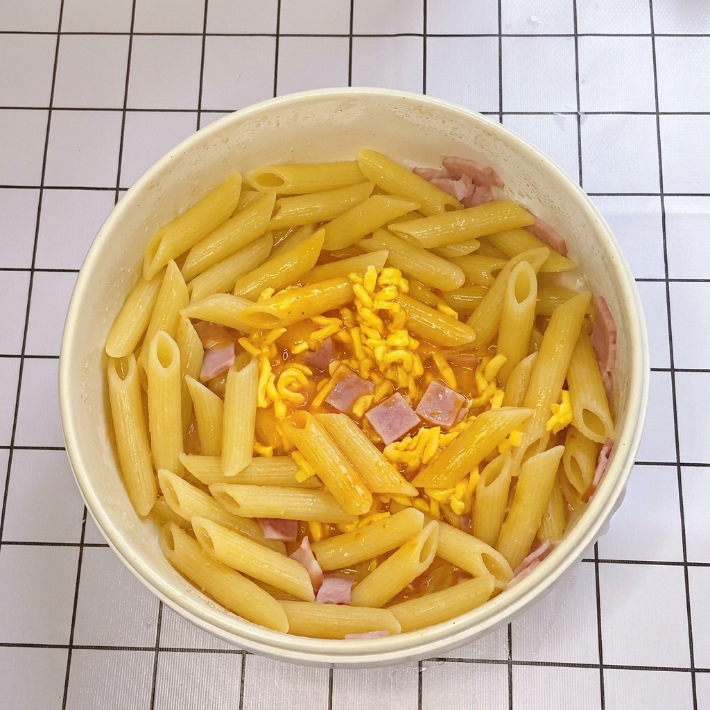 Bogata mieszanka jajeczno-serowa wlewana na patelnię z makaronem penne i kawałkami boczku.