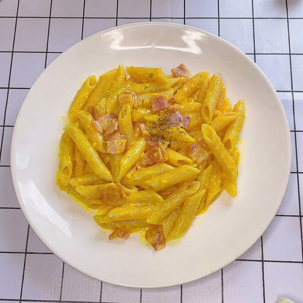Talerz gotowego makaronu w stylu carbonary, posypywanego suszonymi zielonymi ziołami.