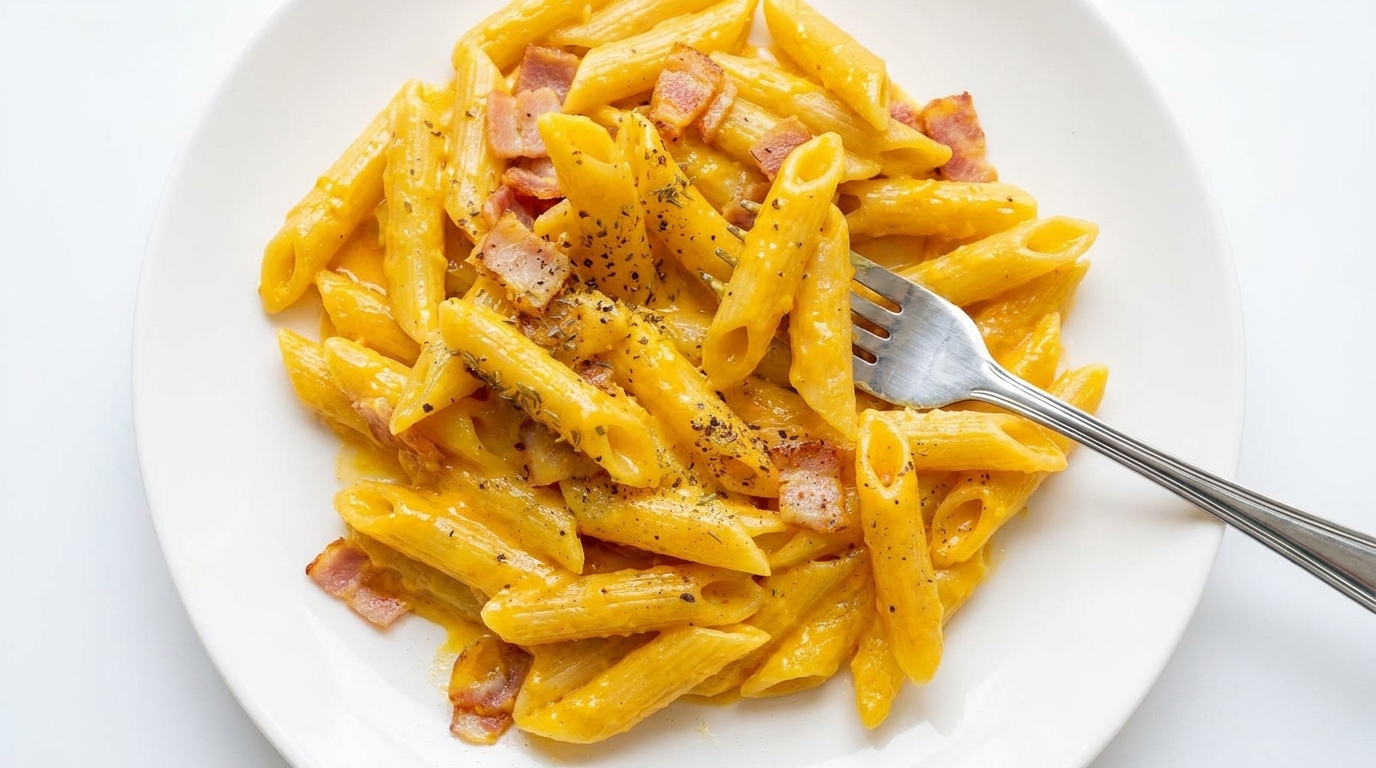 Kremowe penne z boczkiem i serem (w stylu carbonary)