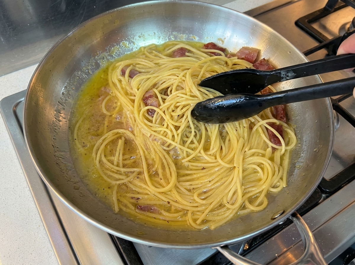 Spaghetti mieszane na stalowej patelni z kawałkami mięsa i bazą płynną.