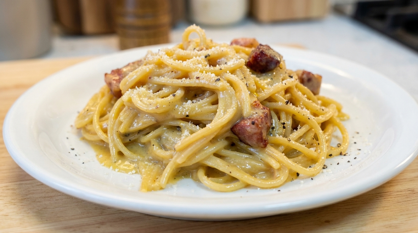 Klasyczny talerz spaghetti carbonara z kremowym sosem na bazie jajek, kawałkami słonego mięsa i świeżo startym serem.