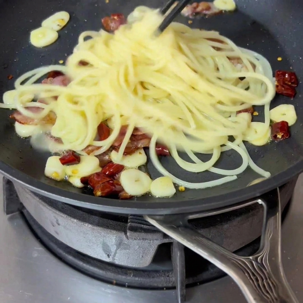 Ugotowane spaghetti przekładane pałeczkami z garnka na patelnię z bekonem.