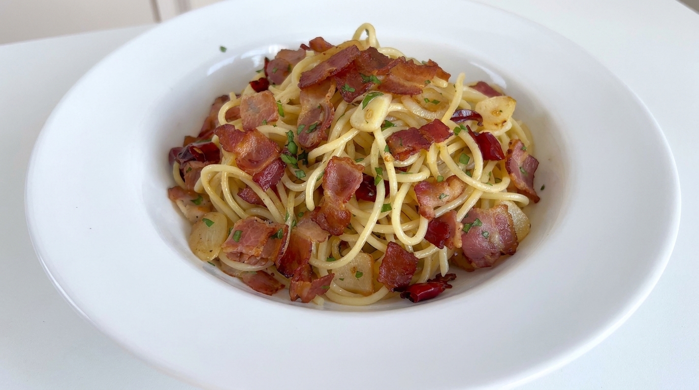 Klasyczne Spaghetti z Czosnkiem i Bekonem (Spaghetti Aglio, Olio e Peperoncino z Bekonem)