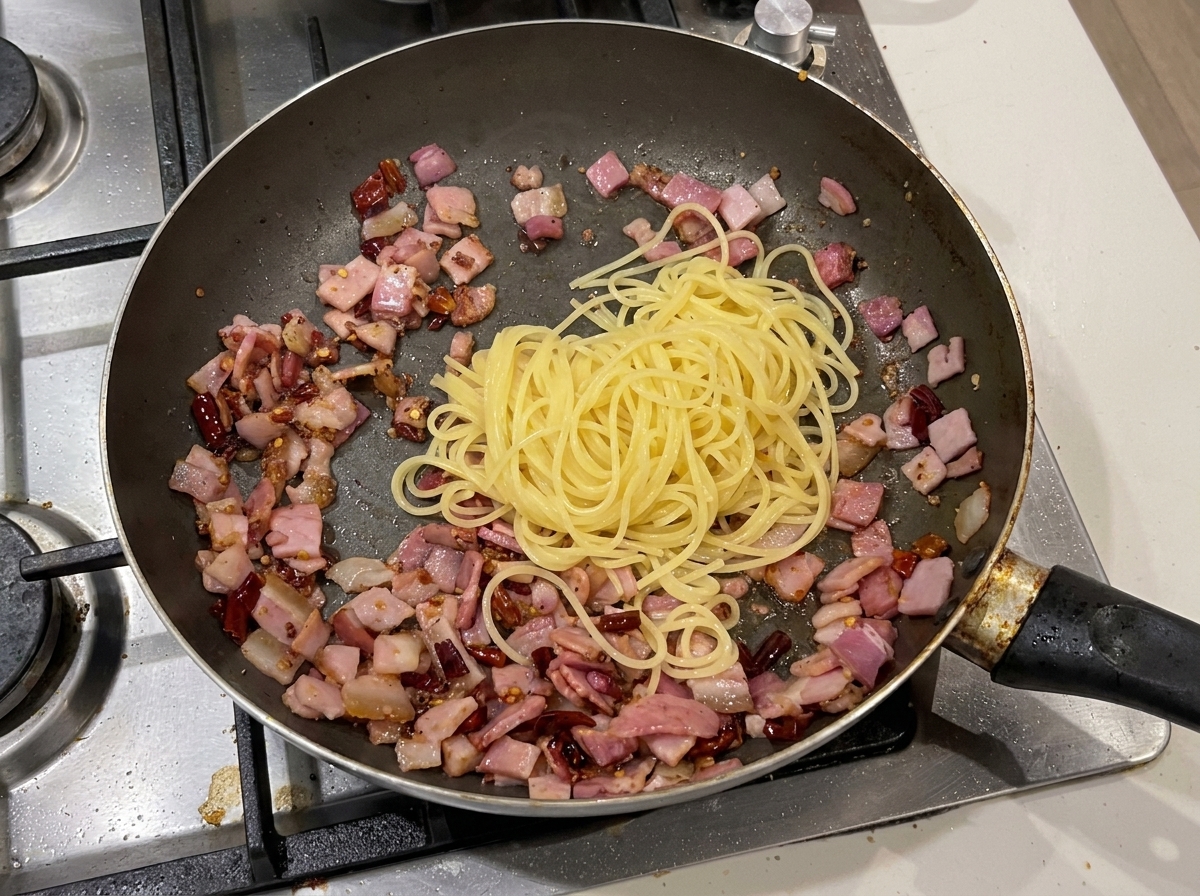 Nitki spaghetti na patelni otoczone kawałkami boczku i chili przed dokładnym wymieszaniem.