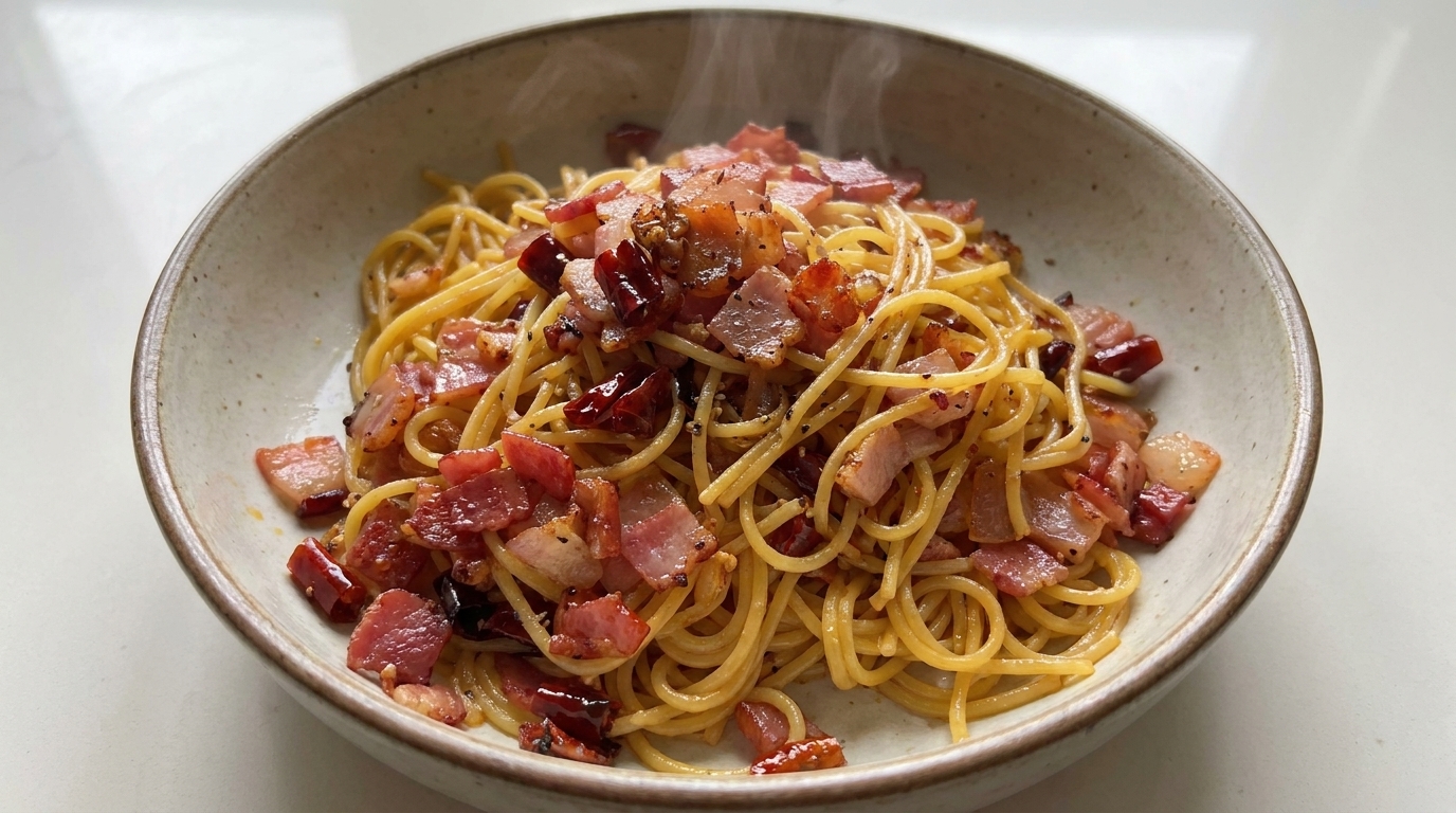 Talerz makaronu z boczkiem, podsmażonym czosnkiem i płatkami suszonego chili.