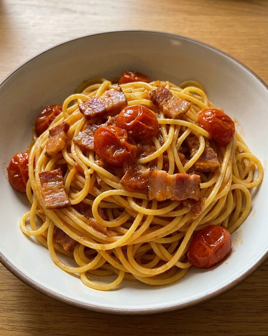 Spaghetti mieszane na patelni z boczkiem i pomidorami, dokładnie pokryte błyszczącym sosem.