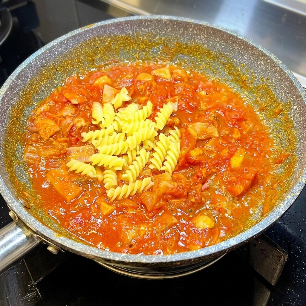 Ugotowane fusilli mieszane z bogatym sosem pomidorowym z boczkiem.