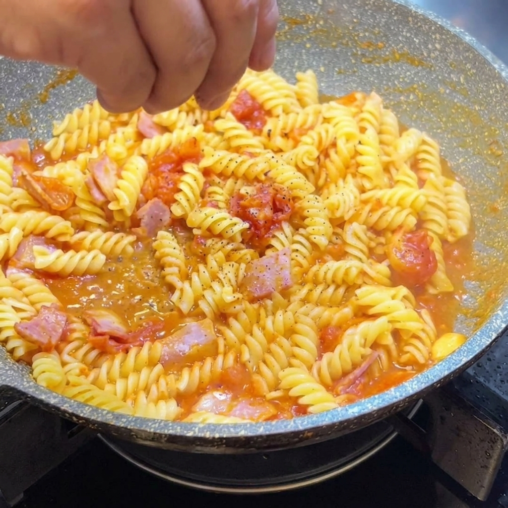 Patelnia z fusilli, boczkiem i sosem posypywana świeżo zmielonym czarnym pieprzem.