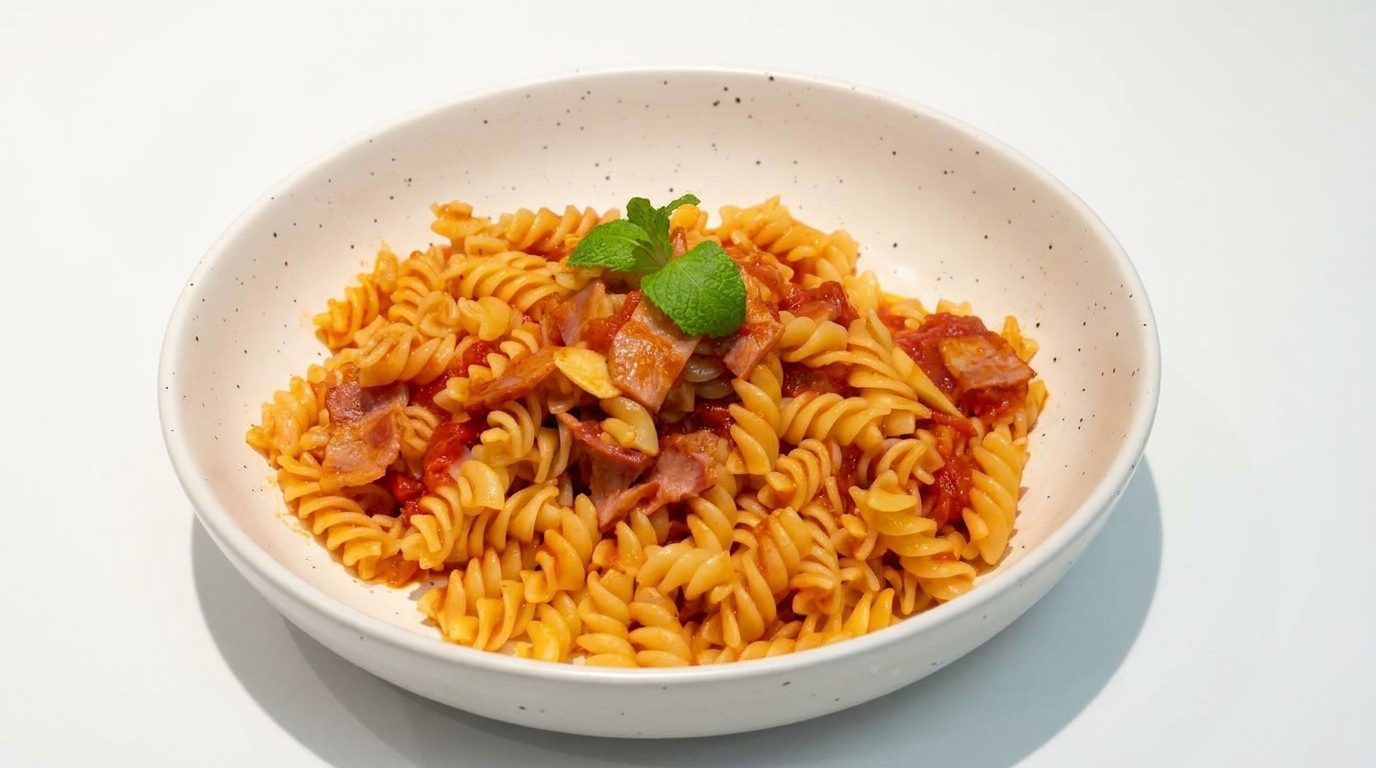 Miska fusilli z boczkiem i pomidorami, udekorowana świeżą miętą.