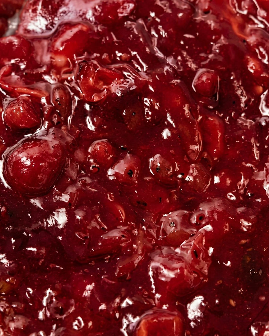 Zbliżenie na przyprawy sypane z góry na patelnię z duszącym się sosem pomidorowym z boczkiem.