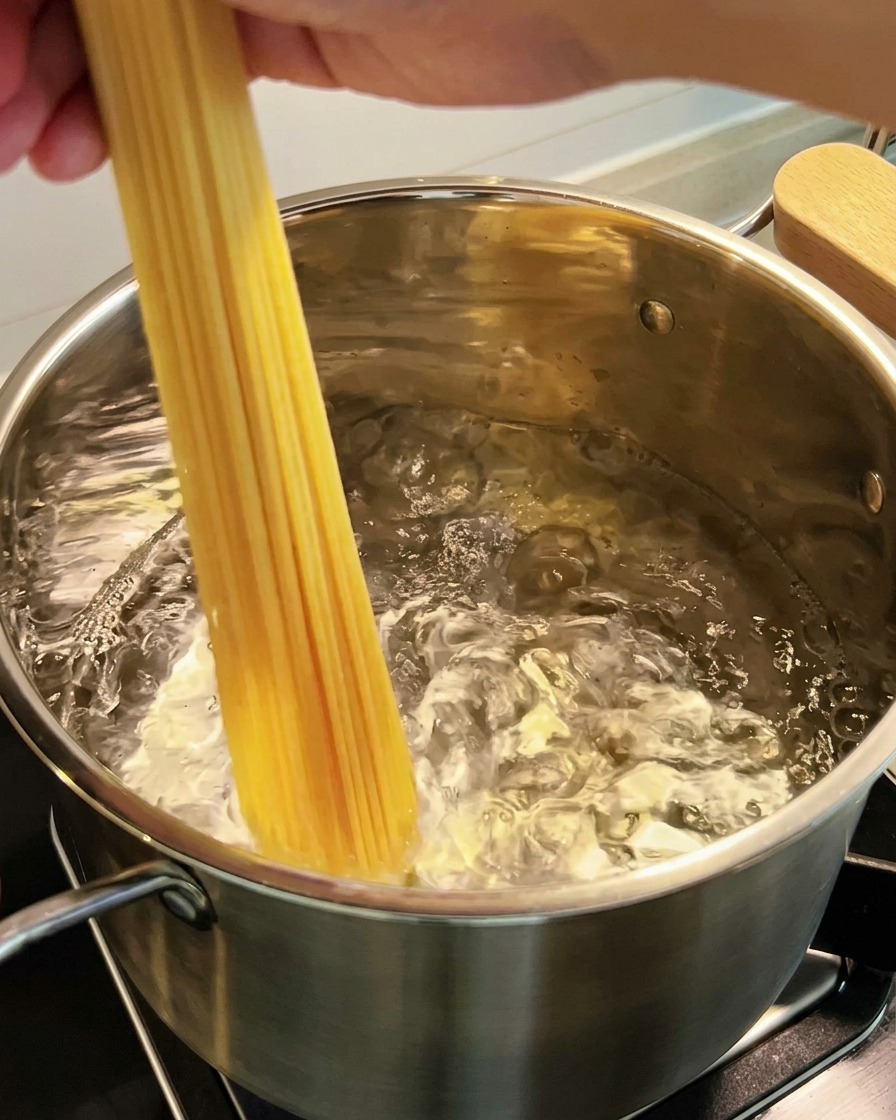 Nitki spaghetti wkładane do garnka z wrzącą wodą.