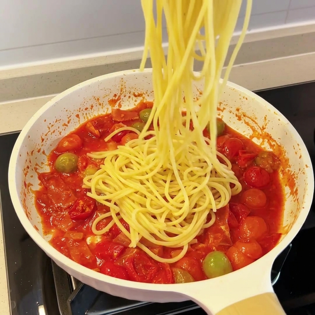 Ugotowane spaghetti mieszane z kremowym sosem pomidorowo-bekonowym.