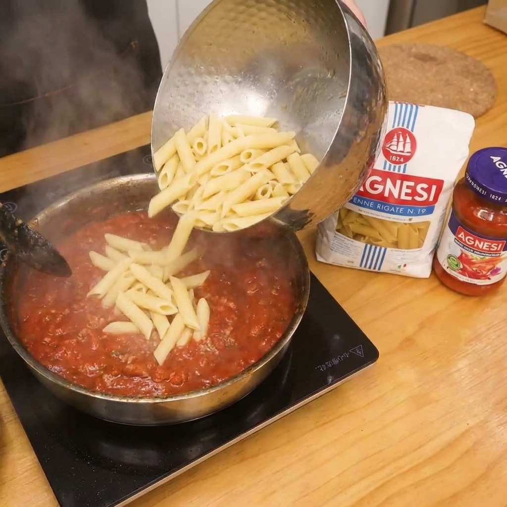 Makaron penne dodawany do sosu z boczkiem na patelni w celu finalnego wymieszania.