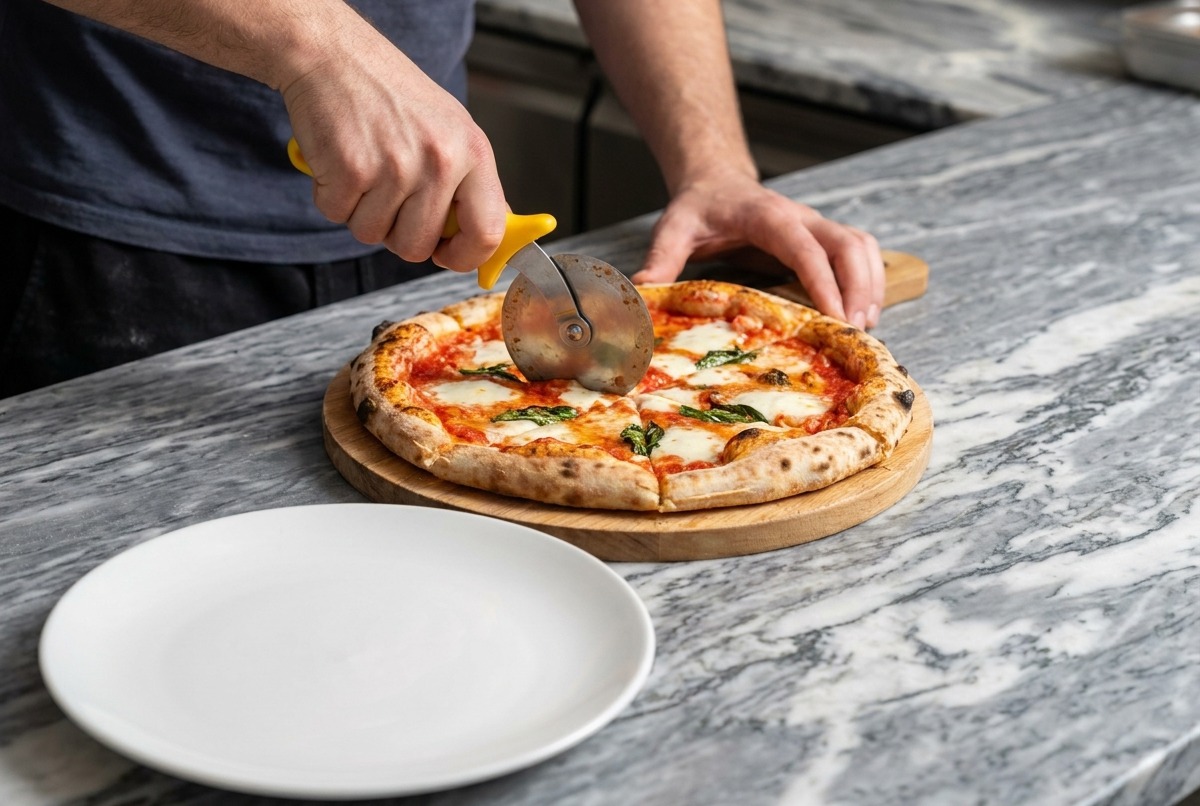 Surowy spód do pizzy z kawałkami białej mozzarelli i listkami zielonej bazylii.