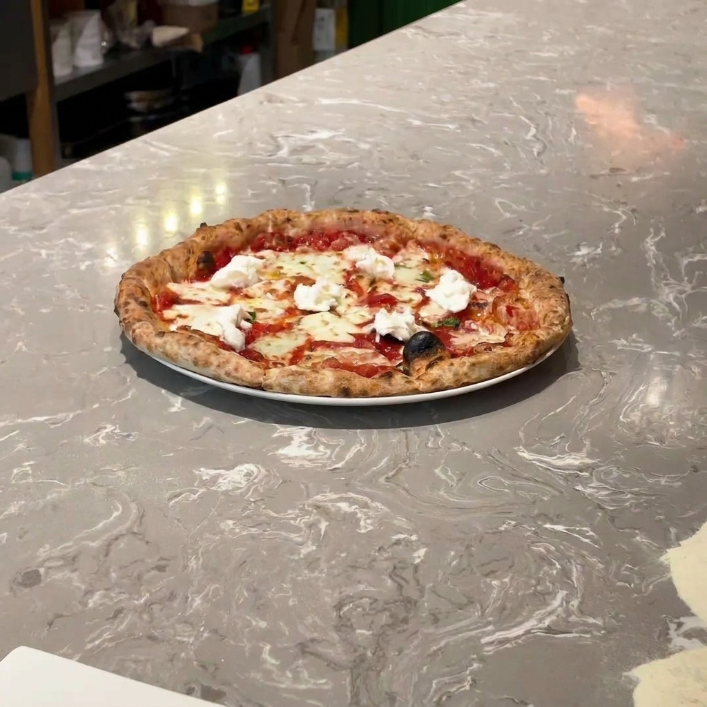 Świeża mozzarella di bufala rwána i układana na upieczonym cieście.