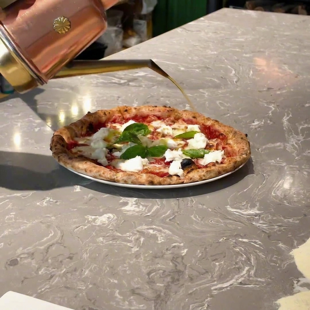 Oliwa z oliwek spływa cienką stróżką na gotową pizzę.