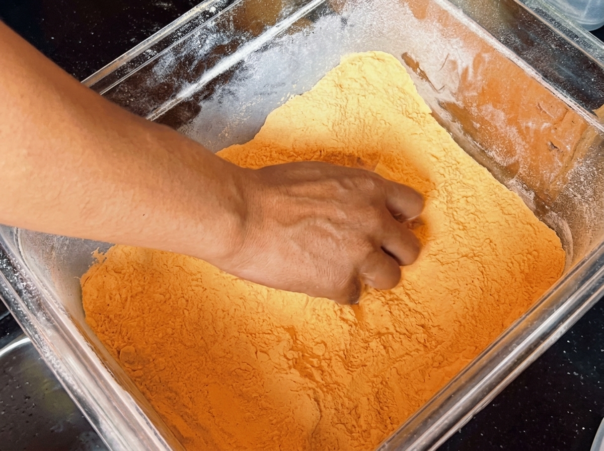 Ciasto na pizzę umieszczone w pojemniku z żółtą mąką kukurydzianą.