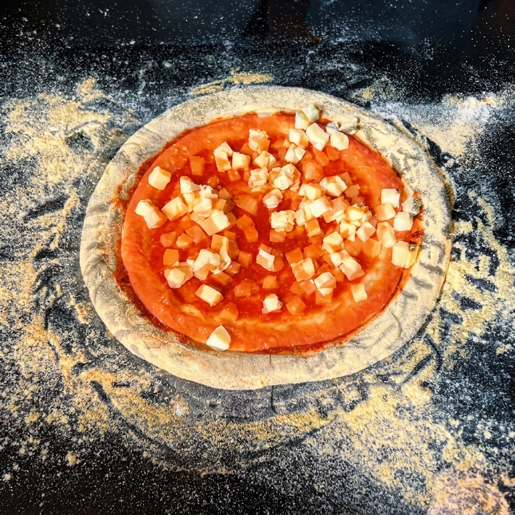 Ciasto z sosem pomidorowym posypane kostkami mozzarelli.