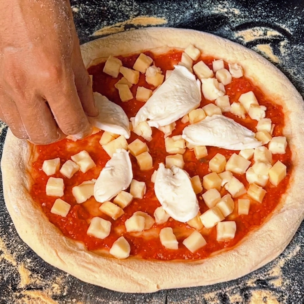 Ręka układająca kawałki świeżej mozzarelli na pizzy.