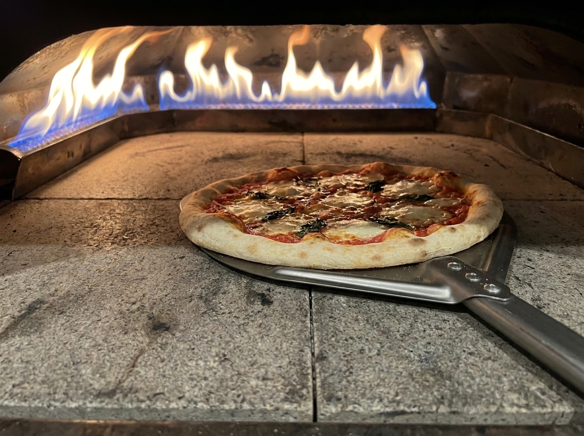 Pizza Margherita piekąca się w gorącym piecu blisko ognia.